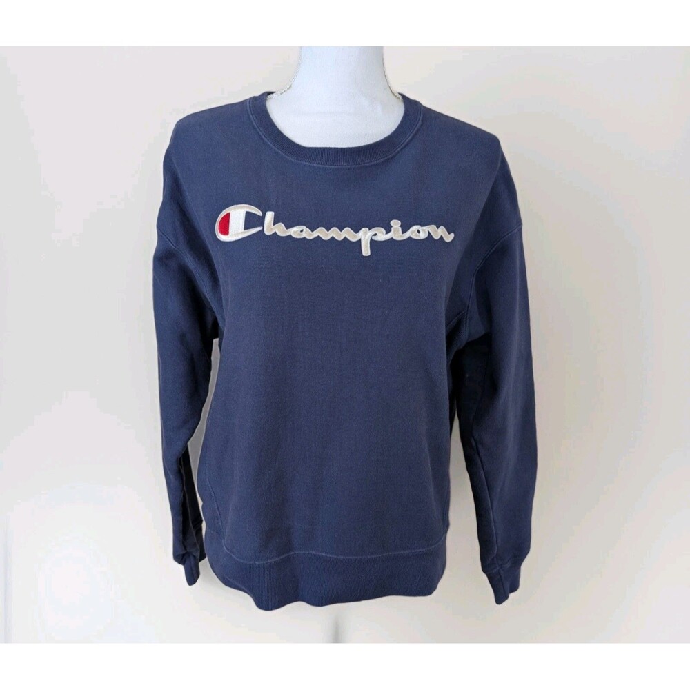 Champion Women’s L Blue Crewneck Sweatshirt Embroidered Spellout Fleece
